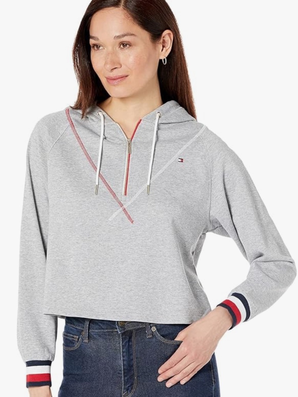 Tommy Hilfiger Half Zip Hoodie Gray Sweatshirt Cropped Blokecore SZ Small